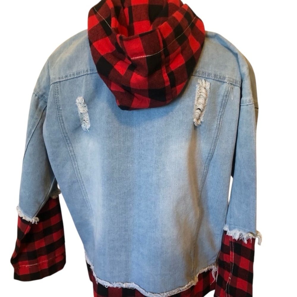 Love Collection Jean and Checkered Jacket/Shirt Unisex Denim, Red and Black